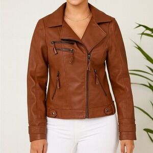 Blue B‎ Collection Faux Leather Moto Jacket Brown Zip Pockets Women Size M